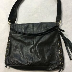 Black Leather Laced Side Foldover Tassel Purse